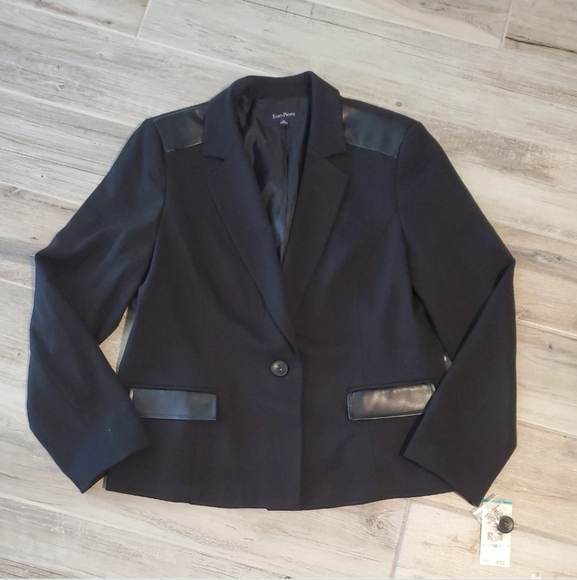 Evan Picone Black Blazer Career Jacket Size 16 Faux Leather Accents Vintage NWT - Picture 1 of 6